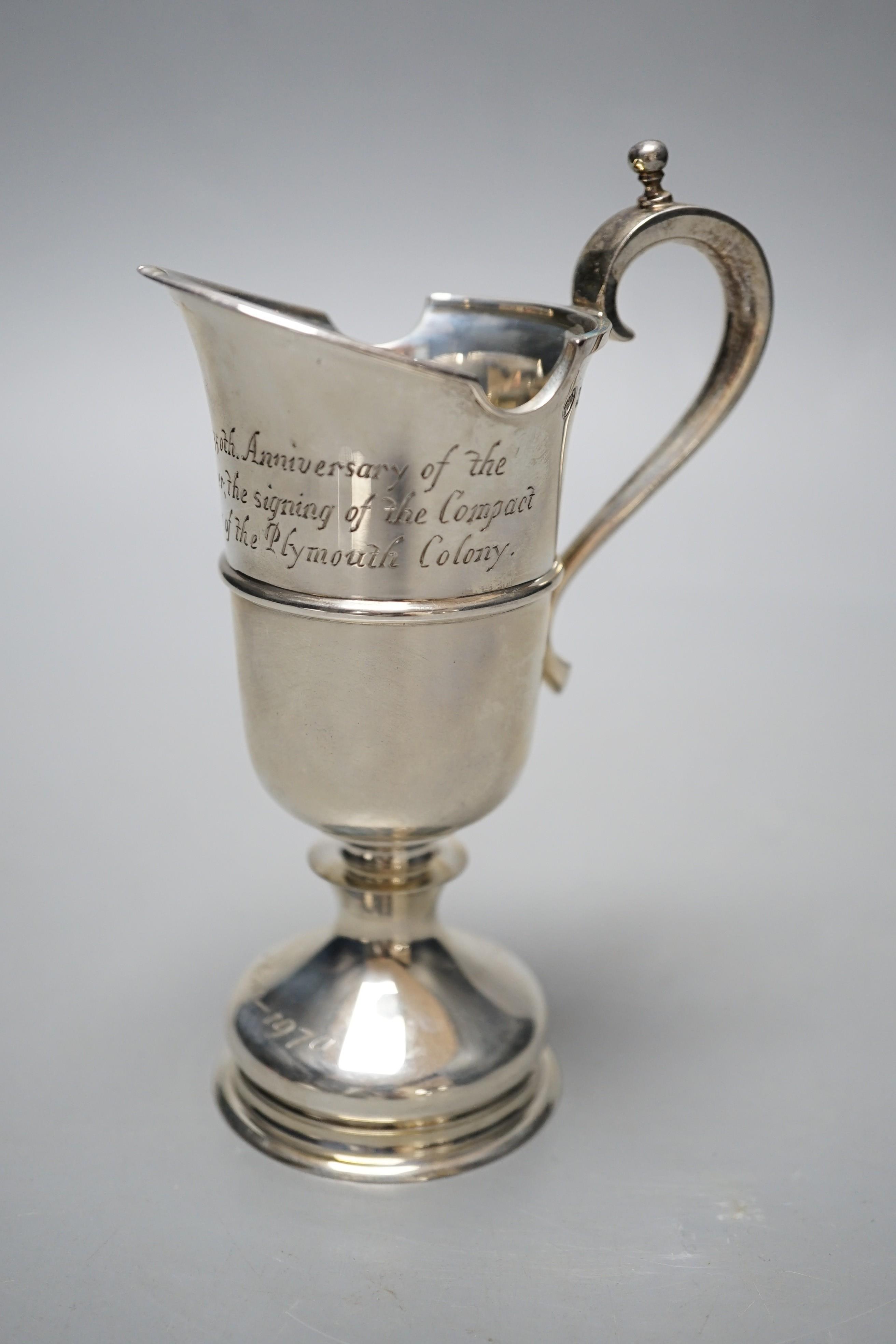 A modern limited edition silver cream jug, commemorating the 350th Anniversary of the sailing of the Mayflower, P Ltd, London, 1969, 14.5cm, 7.2oz.